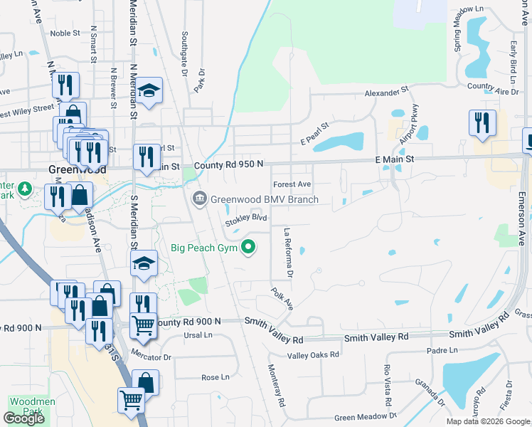 map of restaurants, bars, coffee shops, grocery stores, and more near 488 Van Camp Square in Greenwood