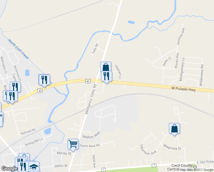 map of restaurants, bars, coffee shops, grocery stores, and more near 10 Montgomery Drive in North East