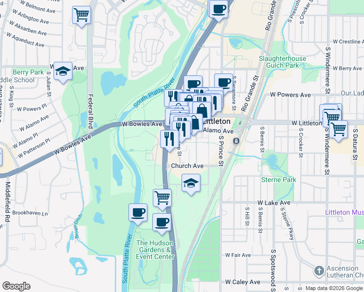 map of restaurants, bars, coffee shops, grocery stores, and more near 5808 South Rapp Street in Littleton
