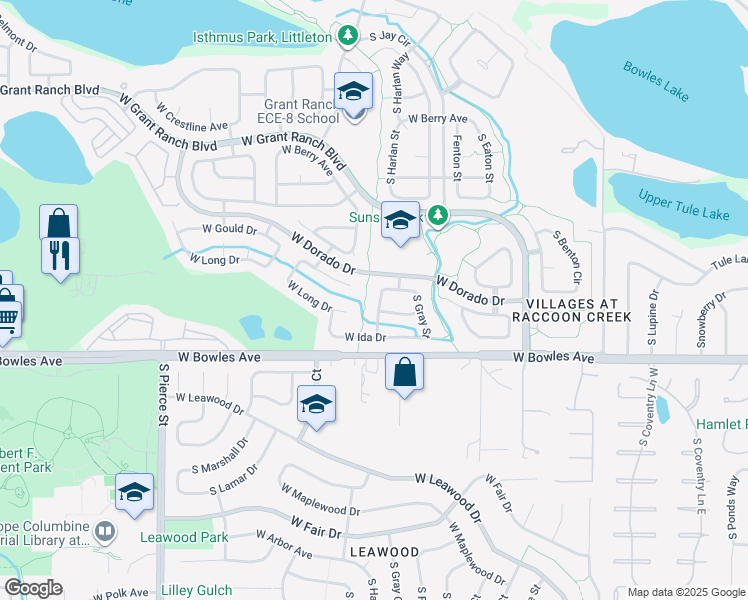 map of restaurants, bars, coffee shops, grocery stores, and more near 5754 South Harlan Street in Littleton