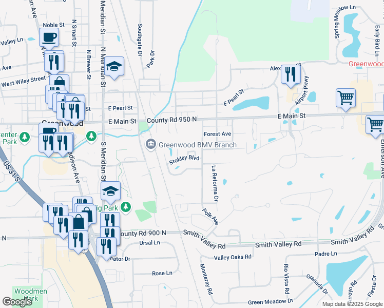 map of restaurants, bars, coffee shops, grocery stores, and more near 488 Van Camp Square in Greenwood