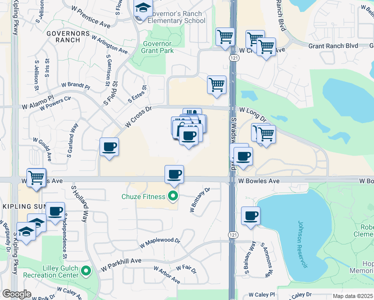 map of restaurants, bars, coffee shops, grocery stores, and more near 8501 West Bowles Avenue in Littleton