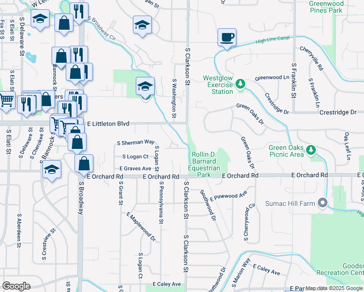 map of restaurants, bars, coffee shops, grocery stores, and more near 5802 South Pearl Street in Centennial