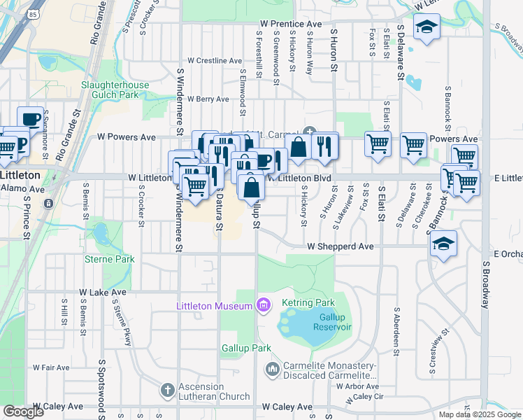 map of restaurants, bars, coffee shops, grocery stores, and more near 1166 West Lilley Avenue in Littleton