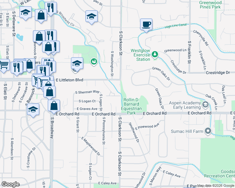 map of restaurants, bars, coffee shops, grocery stores, and more near 5802 South Pearl Street in Centennial