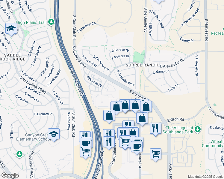 map of restaurants, bars, coffee shops, grocery stores, and more near 5721 South Catawba Way in Aurora
