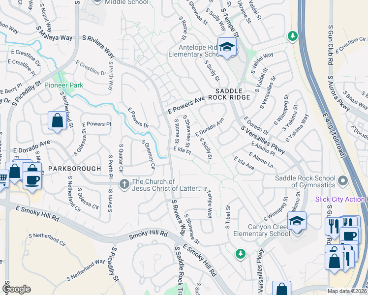 map of restaurants, bars, coffee shops, grocery stores, and more near 5784 South Rome Street in Aurora