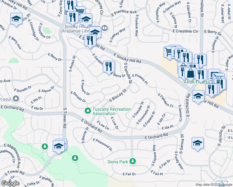 map of restaurants, bars, coffee shops, grocery stores, and more near 5755 South Bahama Circle East in Aurora