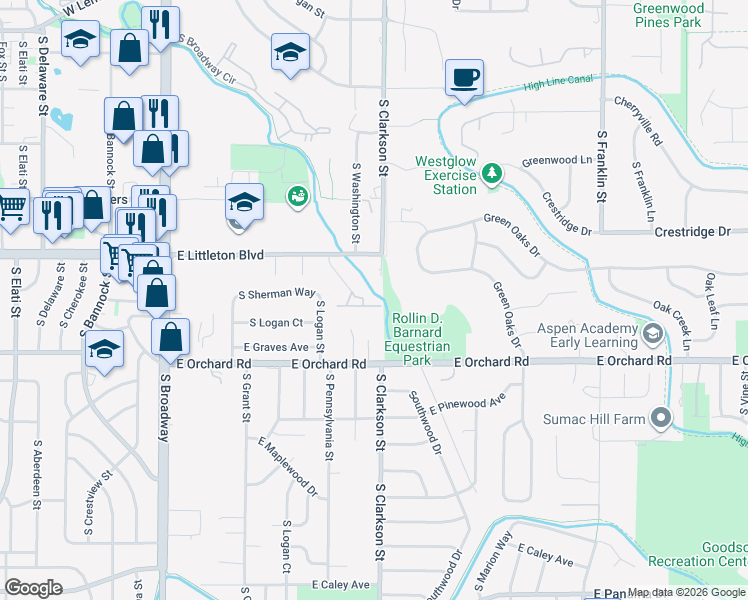 map of restaurants, bars, coffee shops, grocery stores, and more near 5802 South Pearl Street in Centennial
