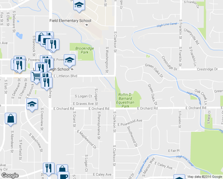 map of restaurants, bars, coffee shops, grocery stores, and more near 5802 South Pearl Street in Centennial