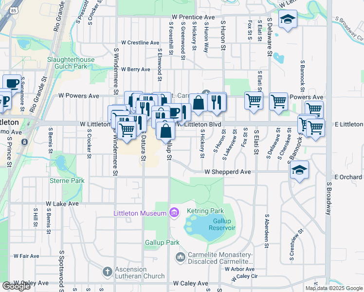 map of restaurants, bars, coffee shops, grocery stores, and more near 1166 West Lilley Avenue in Littleton