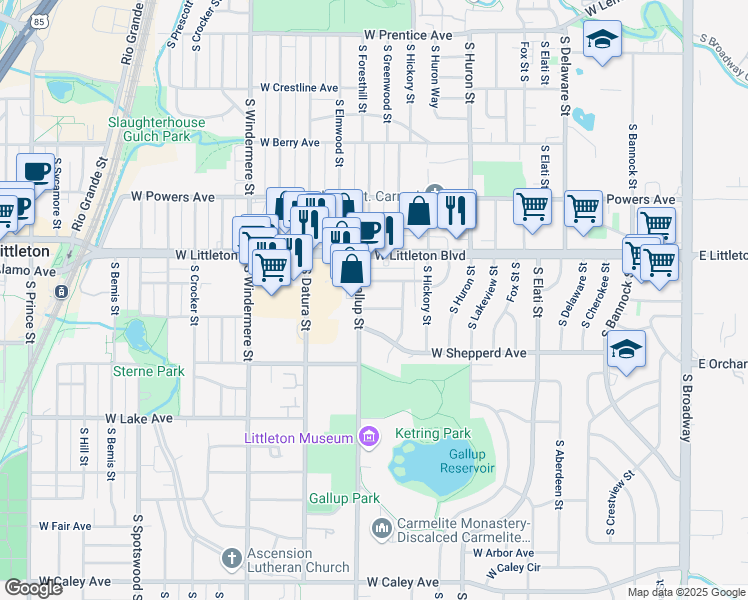 map of restaurants, bars, coffee shops, grocery stores, and more near 1166 West Lilley Avenue in Littleton