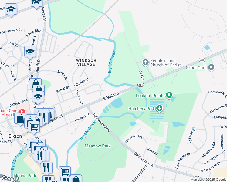 map of restaurants, bars, coffee shops, grocery stores, and more near 267 East Main Street in Elkton