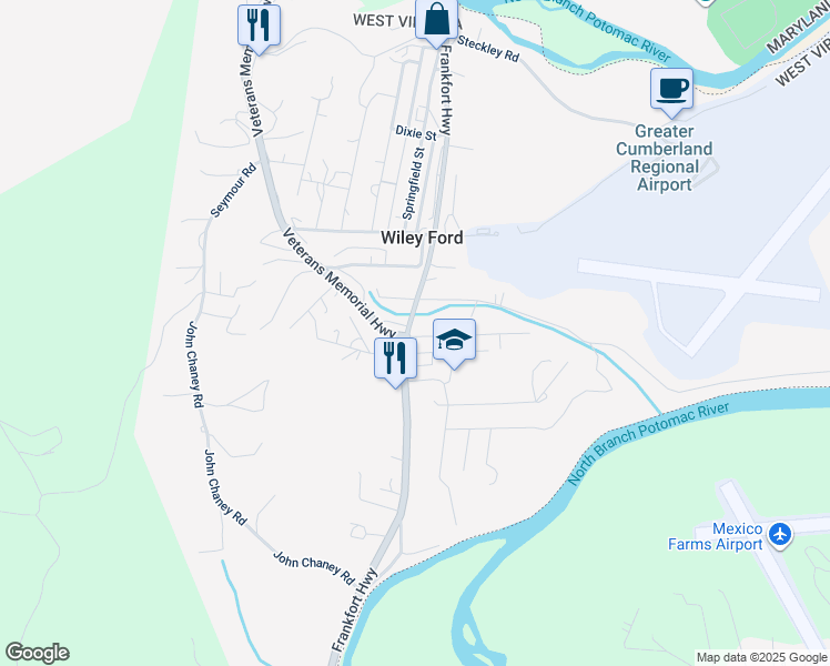 map of restaurants, bars, coffee shops, grocery stores, and more near 21 Highland Avenue in Wiley Ford