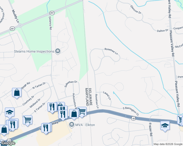map of restaurants, bars, coffee shops, grocery stores, and more near 3006 Rosetree Lane in Newark