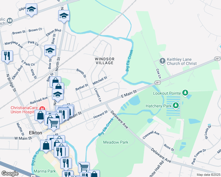 map of restaurants, bars, coffee shops, grocery stores, and more near 209 Friendship Road in Elkton