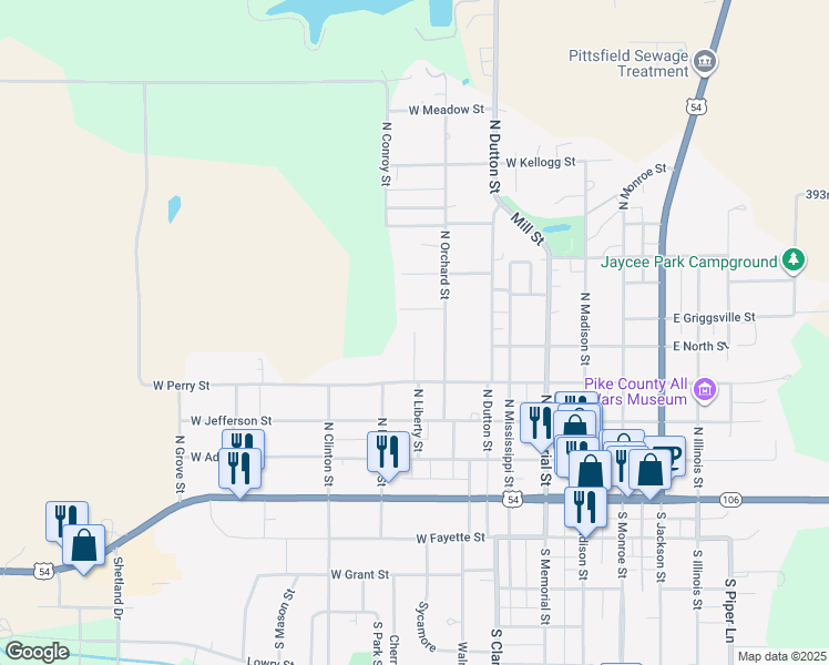map of restaurants, bars, coffee shops, grocery stores, and more near 525 North Liberty Street in Pittsfield