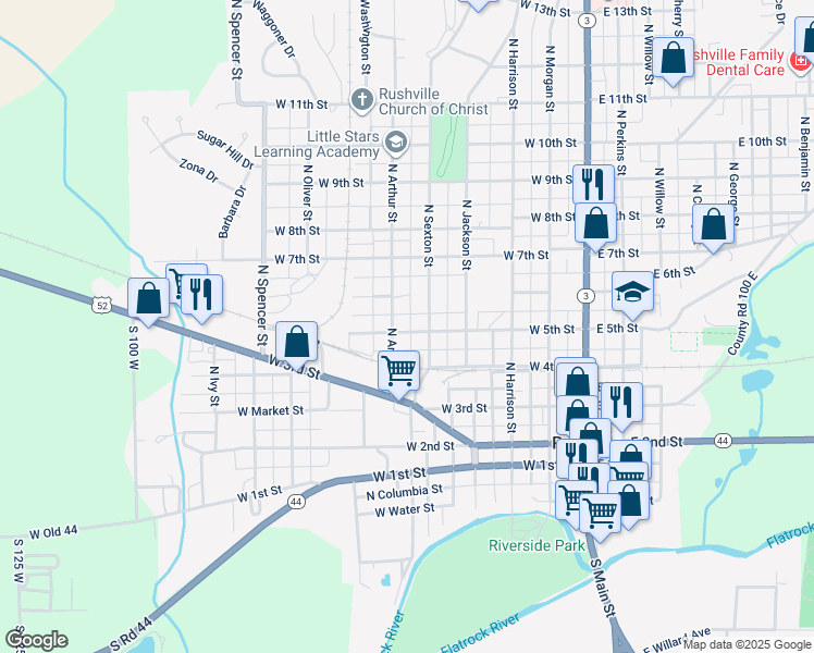 map of restaurants, bars, coffee shops, grocery stores, and more near 522 West 5th Street in Rushville