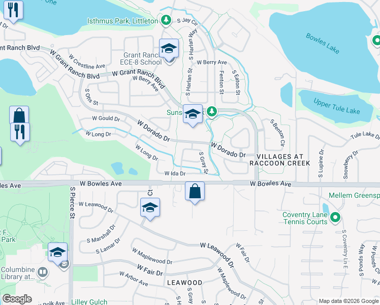 map of restaurants, bars, coffee shops, grocery stores, and more near 5754 South Harlan Street in Littleton
