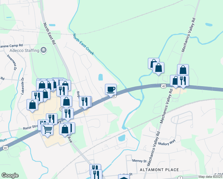 map of restaurants, bars, coffee shops, grocery stores, and more near 2235 Pulaski Highway in North East