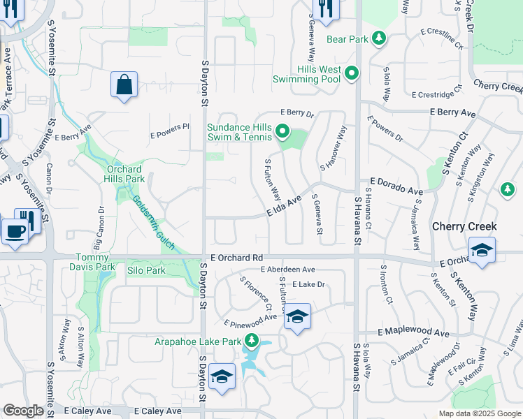 map of restaurants, bars, coffee shops, grocery stores, and more near 5783 South Florence Street in Greenwood Village