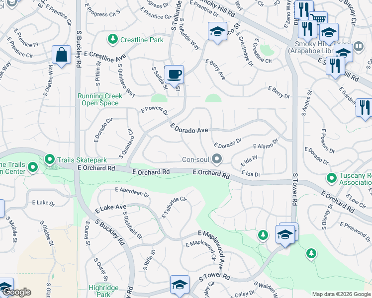 map of restaurants, bars, coffee shops, grocery stores, and more near 5741 South Truckee Street in Centennial