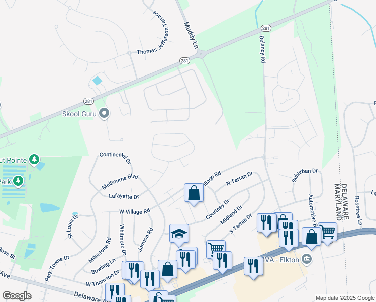 map of restaurants, bars, coffee shops, grocery stores, and more near 317 Gray Mount Circle in Elkton