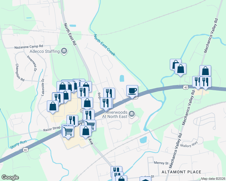 map of restaurants, bars, coffee shops, grocery stores, and more near 20 Cypress Drive in North East