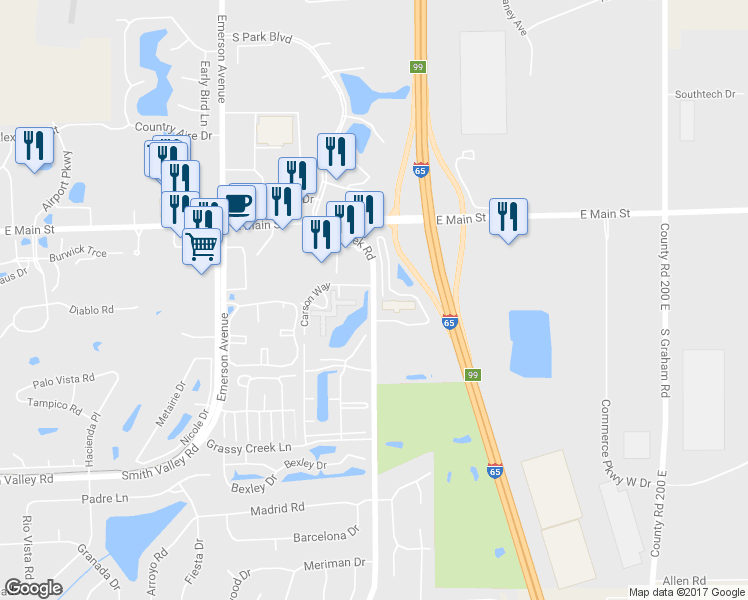 map of restaurants, bars, coffee shops, grocery stores, and more near 239 County Road 125 East in Greenwood