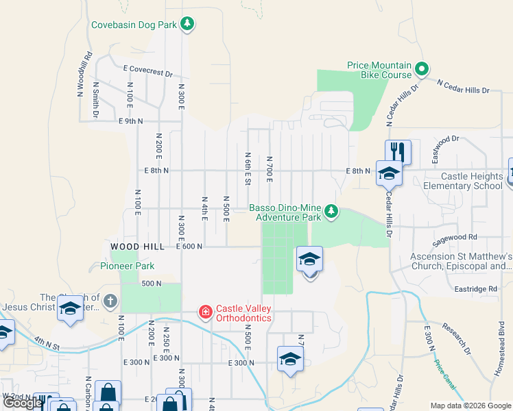 map of restaurants, bars, coffee shops, grocery stores, and more near 645 East 7th North in Price