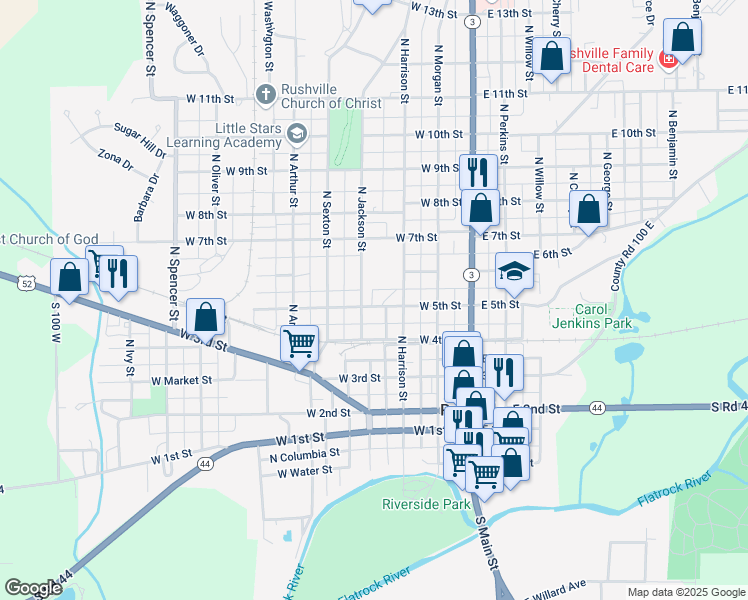 map of restaurants, bars, coffee shops, grocery stores, and more near 332 West 5th Street in Rushville