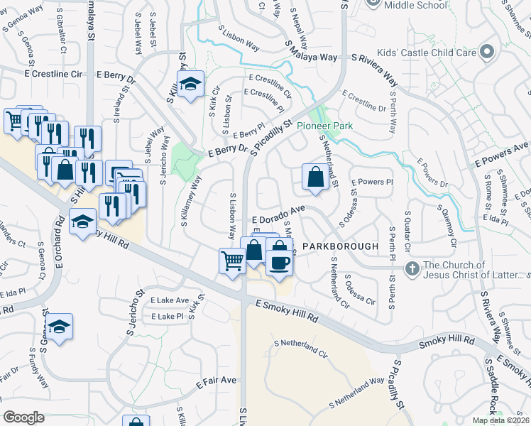 map of restaurants, bars, coffee shops, grocery stores, and more near 21008 East Dorado Circle in Centennial