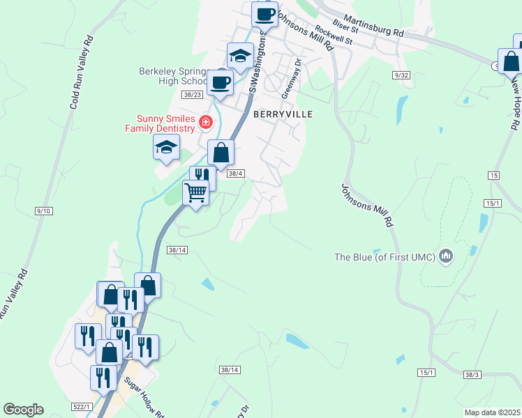 map of restaurants, bars, coffee shops, grocery stores, and more near 9 Catawba Drive in Berkeley Springs