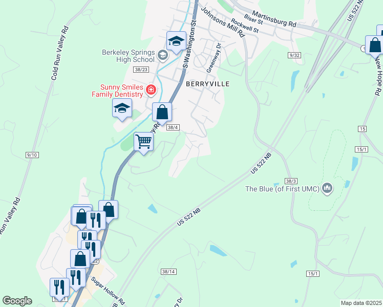 map of restaurants, bars, coffee shops, grocery stores, and more near 9 Catawba Drive in Berkeley Springs