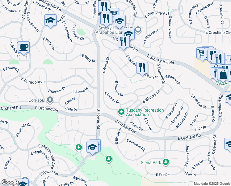 map of restaurants, bars, coffee shops, grocery stores, and more near 18744 East Powers Drive in Aurora