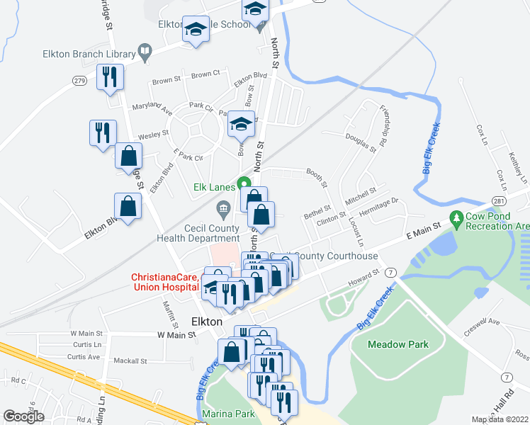map of restaurants, bars, coffee shops, grocery stores, and more near 105 Stockton Street in Elkton