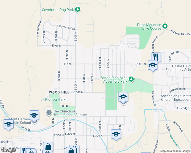 map of restaurants, bars, coffee shops, grocery stores, and more near 535 East 7th North in Price