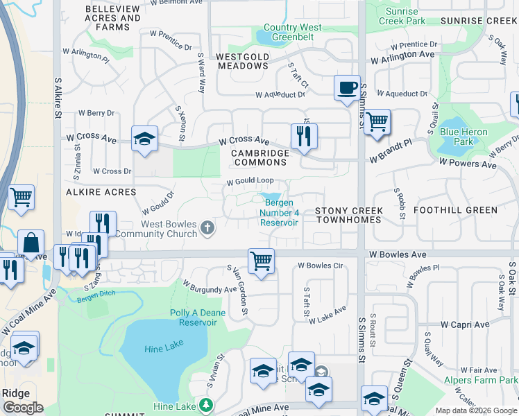 map of restaurants, bars, coffee shops, grocery stores, and more near 5776 South Urban Court in Littleton