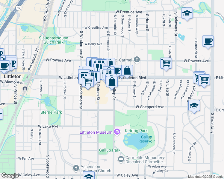 map of restaurants, bars, coffee shops, grocery stores, and more near 5755 South Gallup Street in Littleton