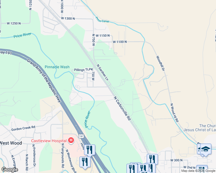 map of restaurants, bars, coffee shops, grocery stores, and more near Carbonville Road in Price