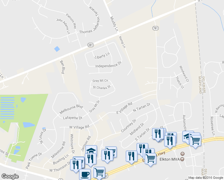 map of restaurants, bars, coffee shops, grocery stores, and more near 317 Gray Mount Circle in Elkton
