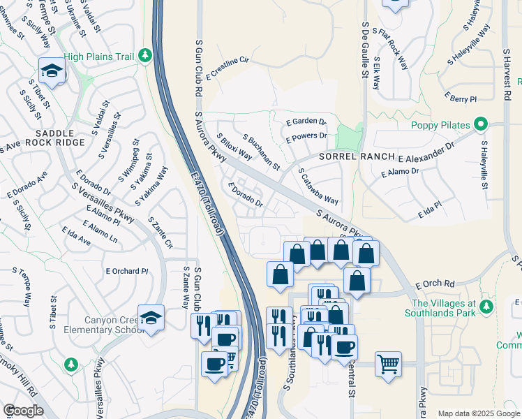 map of restaurants, bars, coffee shops, grocery stores, and more near 23565 East Platte Drive in Aurora