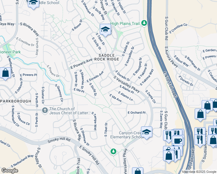 map of restaurants, bars, coffee shops, grocery stores, and more near 22428 East Dorado Place in Aurora