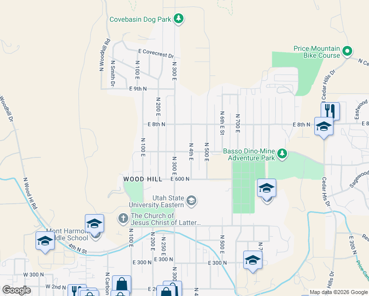 map of restaurants, bars, coffee shops, grocery stores, and more near 720 North 300 East in Price