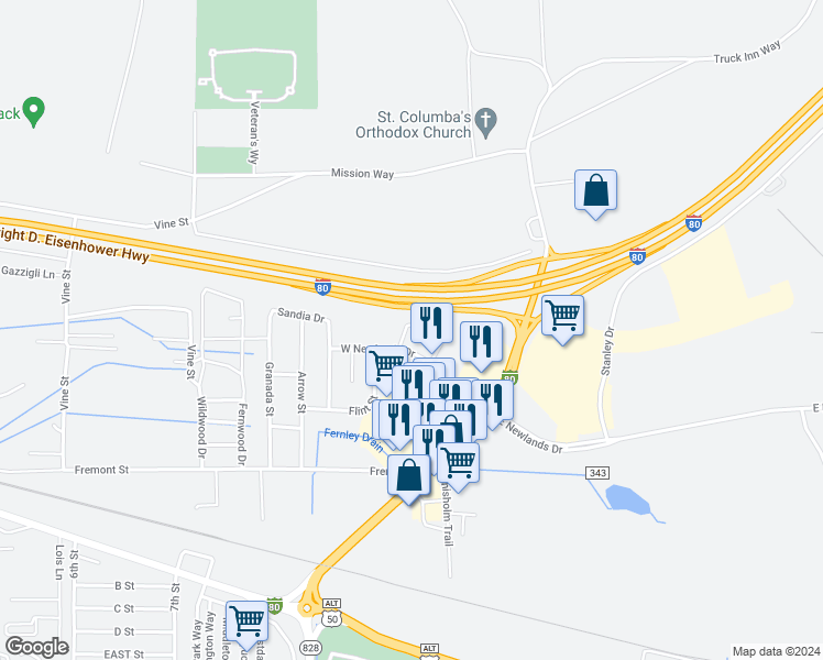 map of restaurants, bars, coffee shops, grocery stores, and more near 1252 West Newlands Drive in Fernley