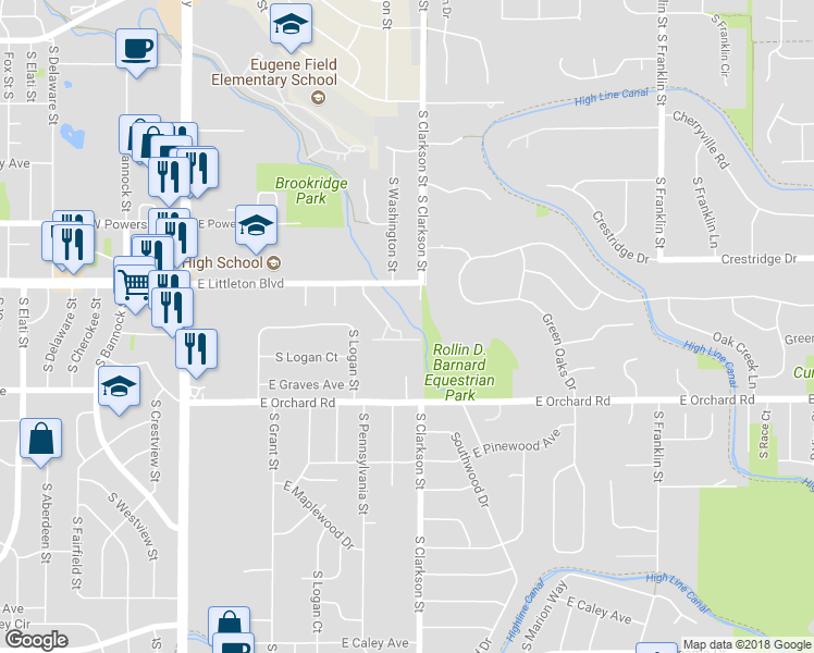 map of restaurants, bars, coffee shops, grocery stores, and more near 5802 South Pearl Street in Centennial