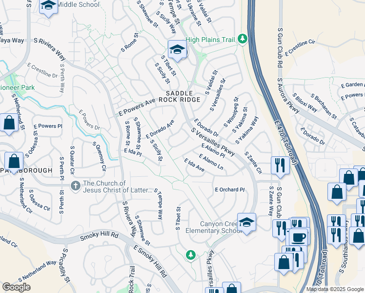 map of restaurants, bars, coffee shops, grocery stores, and more near 22428 East Dorado Place in Aurora