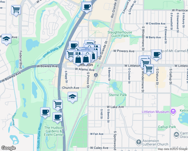 map of restaurants, bars, coffee shops, grocery stores, and more near 5151 South Rio Grande Street in Littleton