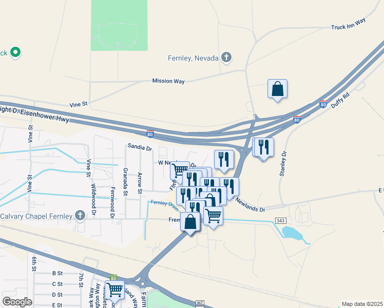 map of restaurants, bars, coffee shops, grocery stores, and more near 1252 West Newlands Drive in Fernley