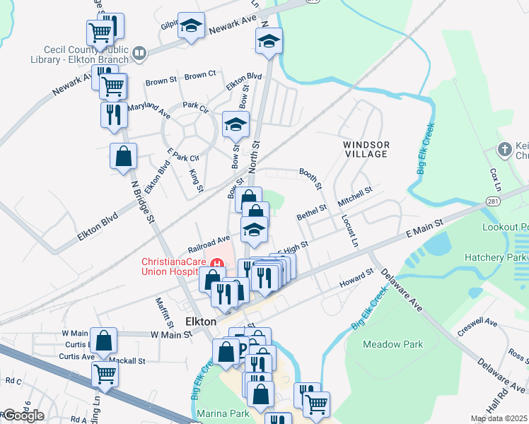 map of restaurants, bars, coffee shops, grocery stores, and more near 109-115 Stockton Street in Elkton